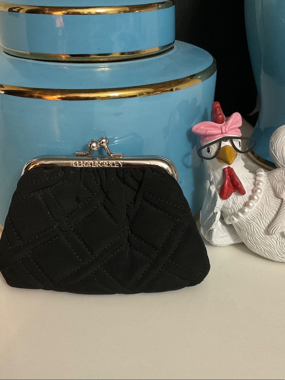 Vera Bradley Black Quilted Kiss-Lock Coin Purse Microfibe